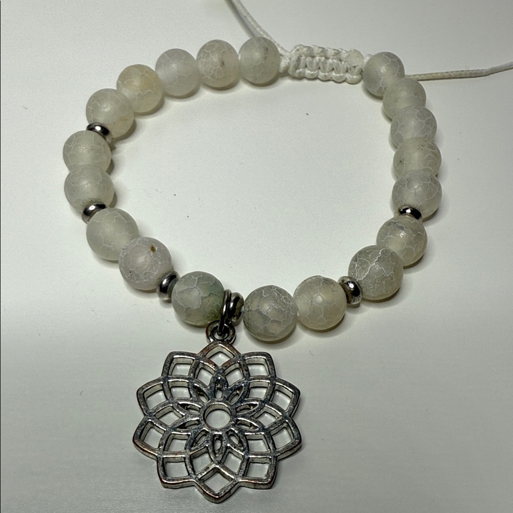 Adjustable Silver tone frosted gems Beaded Bracelet with distressed Floral Charm